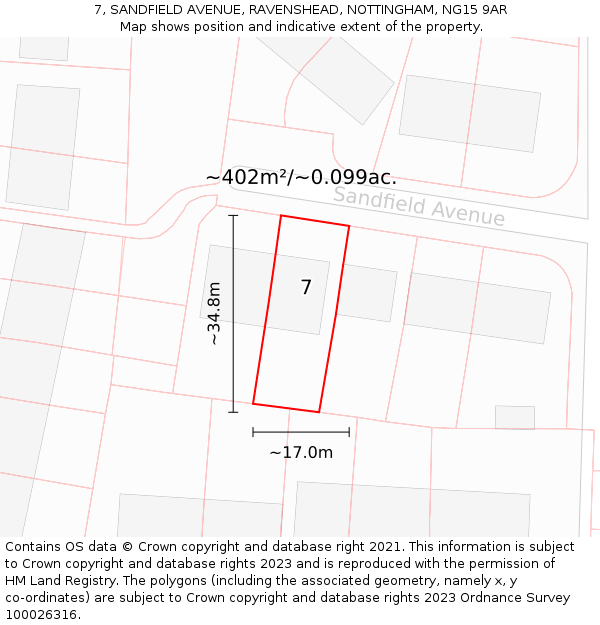 7, SANDFIELD AVENUE, RAVENSHEAD, NOTTINGHAM, NG15 9AR: Plot and title map