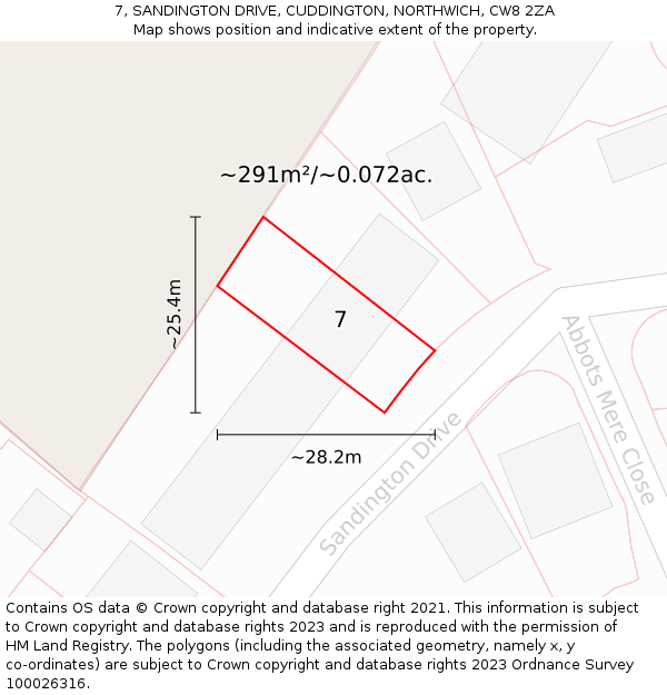 7, SANDINGTON DRIVE, CUDDINGTON, NORTHWICH, CW8 2ZA: Plot and title map