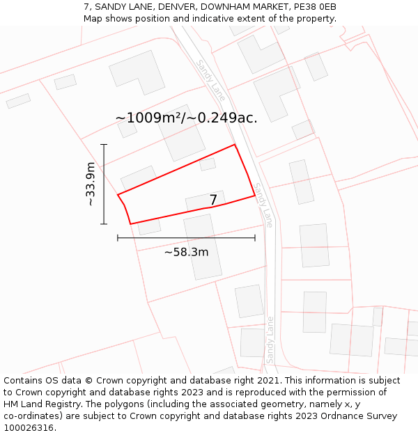 7, SANDY LANE, DENVER, DOWNHAM MARKET, PE38 0EB: Plot and title map