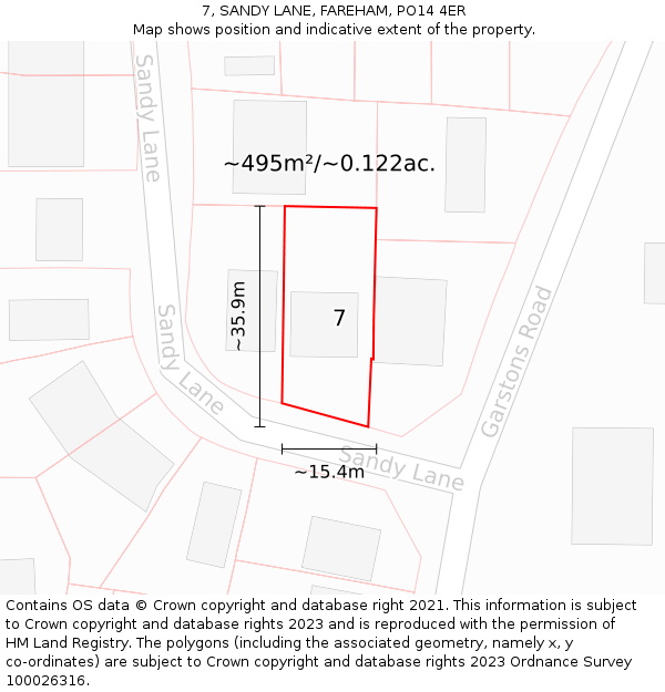 7, SANDY LANE, FAREHAM, PO14 4ER: Plot and title map