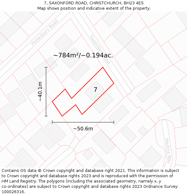 7, SAXONFORD ROAD, CHRISTCHURCH, BH23 4ES: Plot and title map