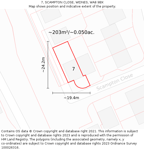 7, SCAMPTON CLOSE, WIDNES, WA8 9BX: Plot and title map