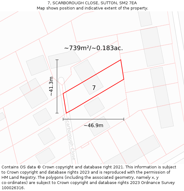 7, SCARBOROUGH CLOSE, SUTTON, SM2 7EA: Plot and title map