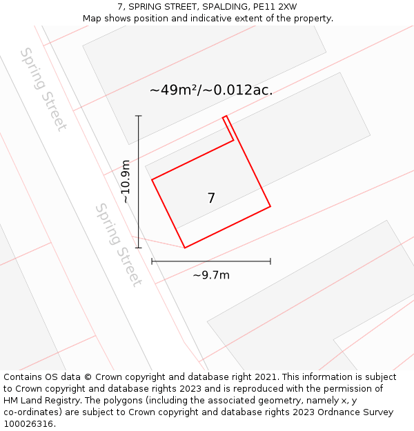 7, SPRING STREET, SPALDING, PE11 2XW: Plot and title map