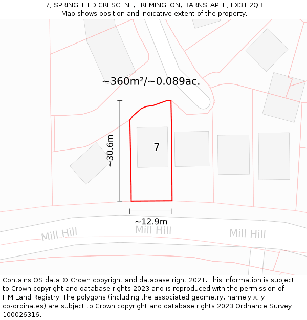 7, SPRINGFIELD CRESCENT, FREMINGTON, BARNSTAPLE, EX31 2QB: Plot and title map