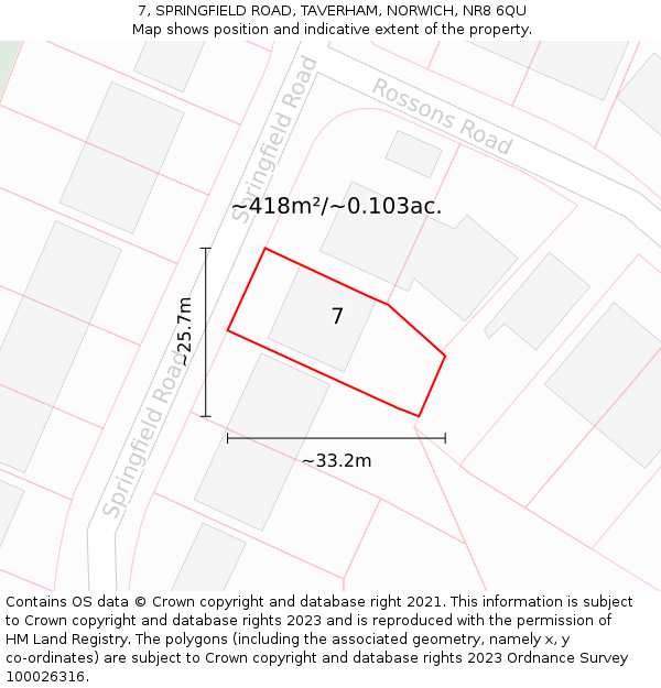 7, SPRINGFIELD ROAD, TAVERHAM, NORWICH, NR8 6QU: Plot and title map