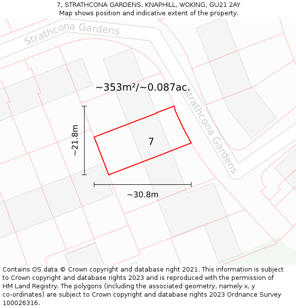 7, STRATHCONA GARDENS, KNAPHILL, WOKING, GU21 2AY: Plot and title map