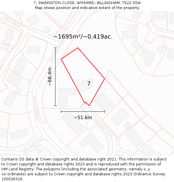 7, SWAINSTON CLOSE, WYNYARD, BILLINGHAM, TS22 5SW: Plot and title map