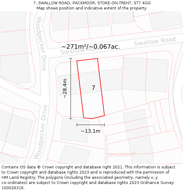 7, SWALLOW ROAD, PACKMOOR, STOKE-ON-TRENT, ST7 4GG: Plot and title map