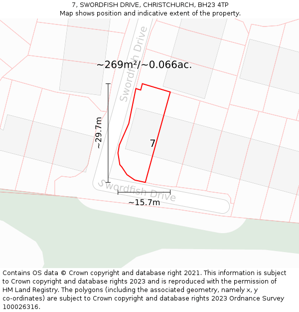 7, SWORDFISH DRIVE, CHRISTCHURCH, BH23 4TP: Plot and title map