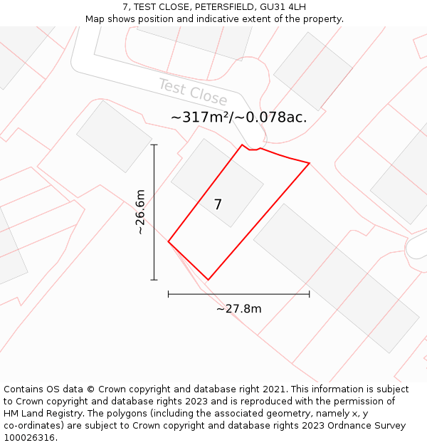 7, TEST CLOSE, PETERSFIELD, GU31 4LH: Plot and title map