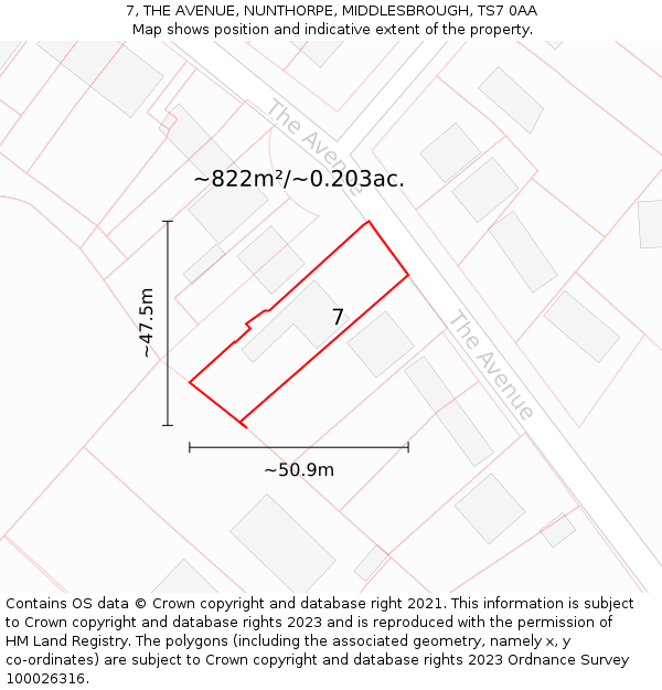 7, THE AVENUE, NUNTHORPE, MIDDLESBROUGH, TS7 0AA: Plot and title map