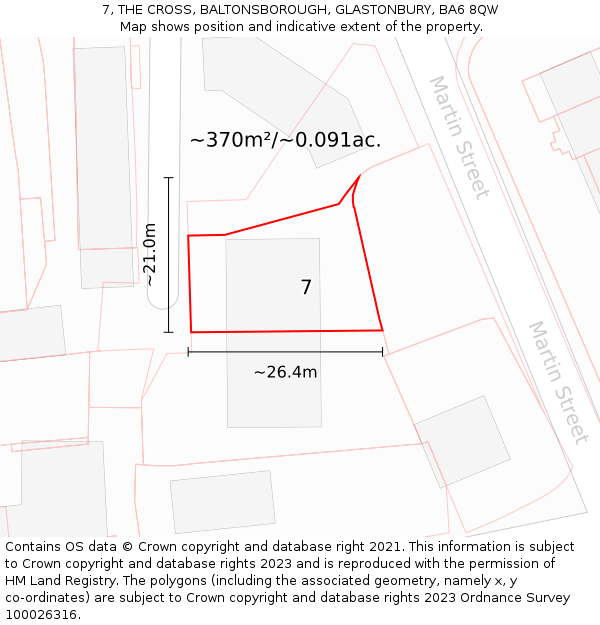 7, THE CROSS, BALTONSBOROUGH, GLASTONBURY, BA6 8QW: Plot and title map