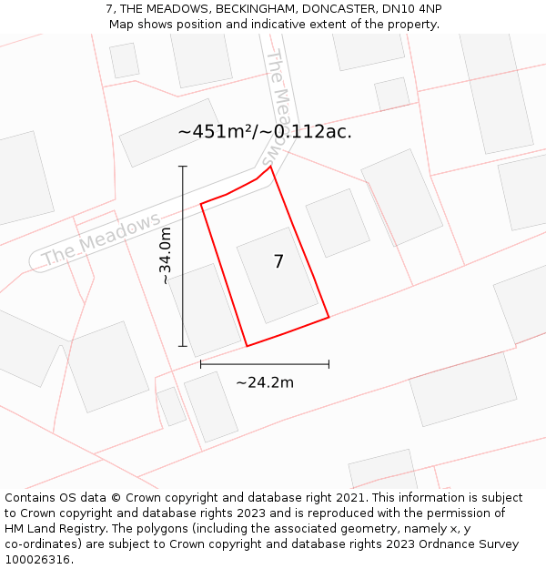 7, THE MEADOWS, BECKINGHAM, DONCASTER, DN10 4NP: Plot and title map