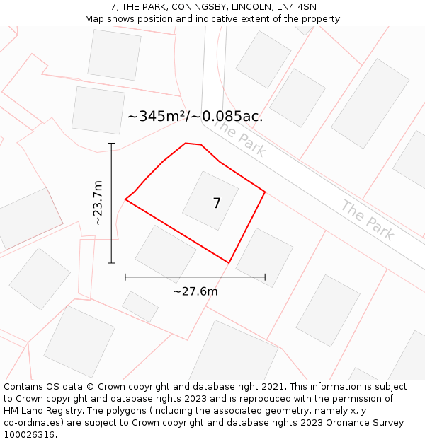 7, THE PARK, CONINGSBY, LINCOLN, LN4 4SN: Plot and title map