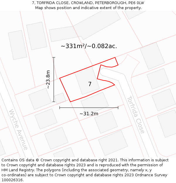 7, TORFRIDA CLOSE, CROWLAND, PETERBOROUGH, PE6 0LW: Plot and title map