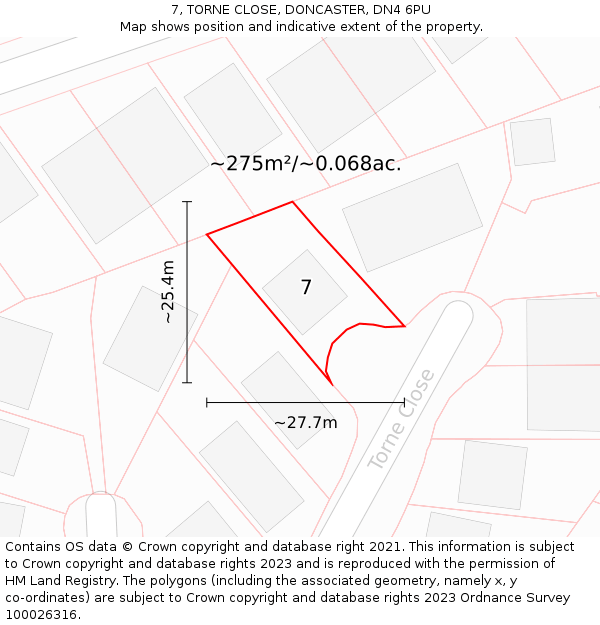 7, TORNE CLOSE, DONCASTER, DN4 6PU: Plot and title map