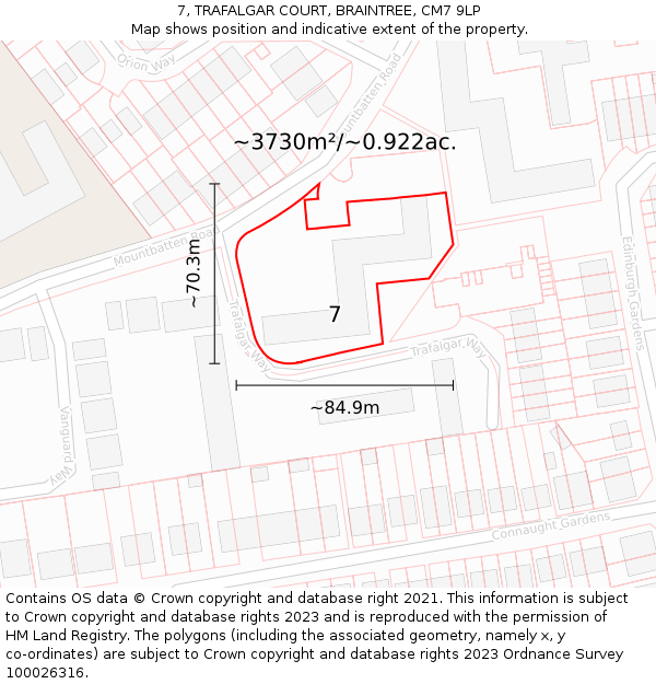 7, TRAFALGAR COURT, BRAINTREE, CM7 9LP: Plot and title map