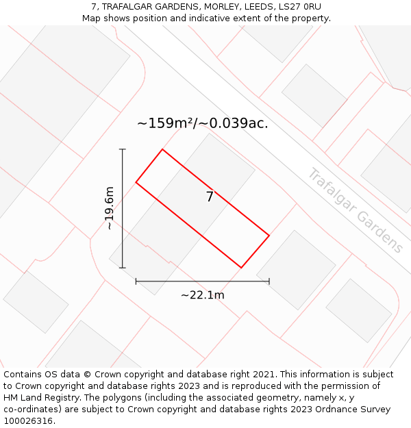 7, TRAFALGAR GARDENS, MORLEY, LEEDS, LS27 0RU: Plot and title map