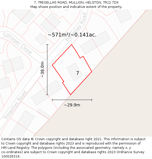 7, TREGELLAS ROAD, MULLION, HELSTON, TR12 7DX: Plot and title map