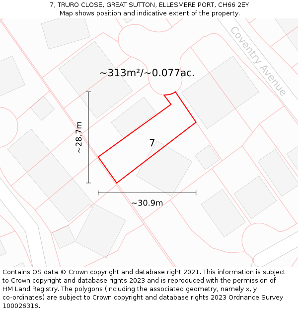 7, TRURO CLOSE, GREAT SUTTON, ELLESMERE PORT, CH66 2EY: Plot and title map