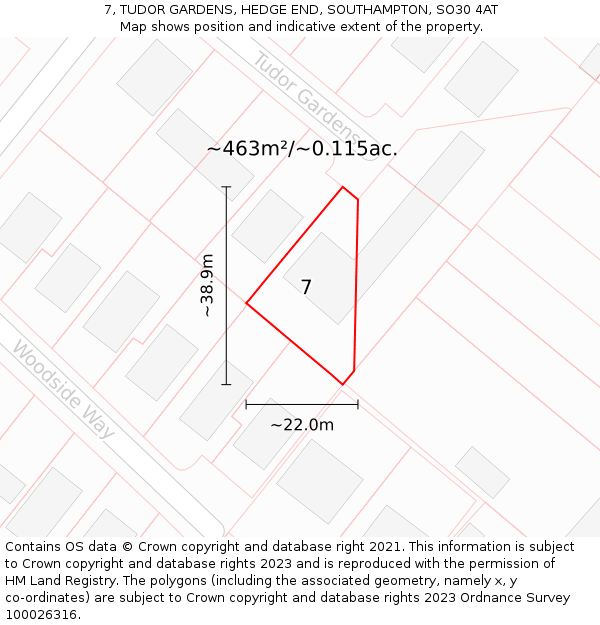 7, TUDOR GARDENS, HEDGE END, SOUTHAMPTON, SO30 4AT: Plot and title map
