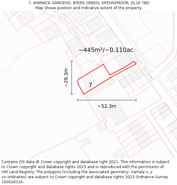 7, WARWICK GARDENS, BYERS GREEN, SPENNYMOOR, DL16 7BD: Plot and title map