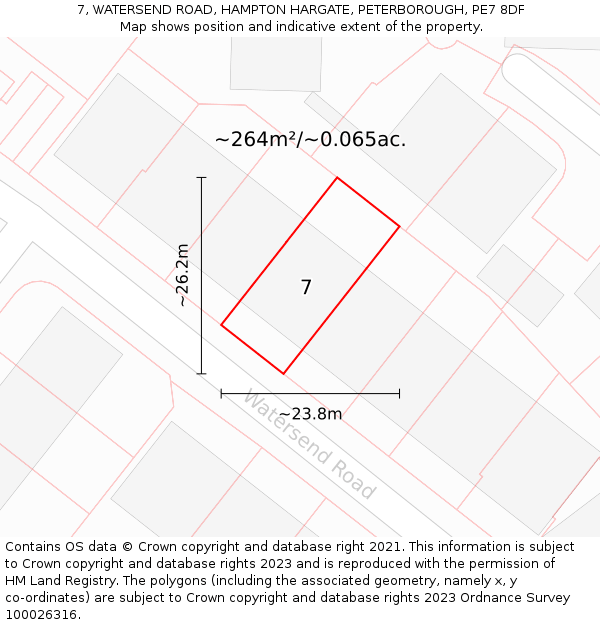 7, WATERSEND ROAD, HAMPTON HARGATE, PETERBOROUGH, PE7 8DF: Plot and title map