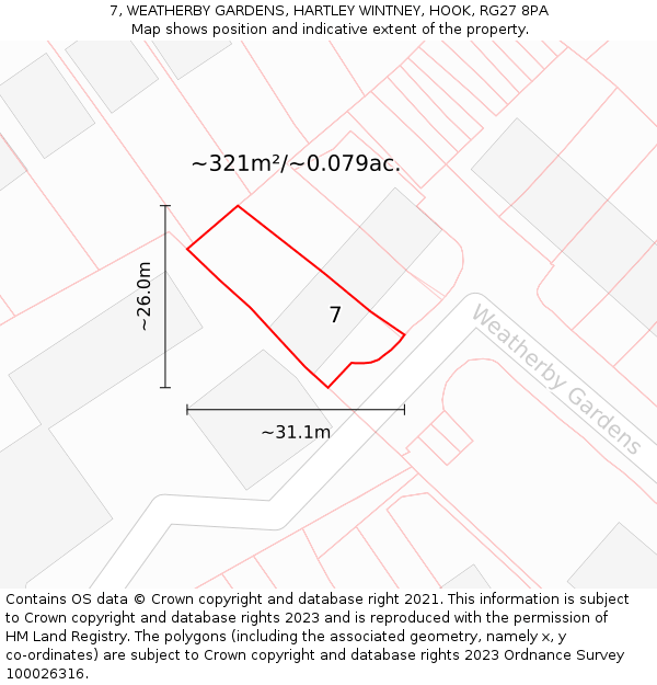 7, WEATHERBY GARDENS, HARTLEY WINTNEY, HOOK, RG27 8PA: Plot and title map