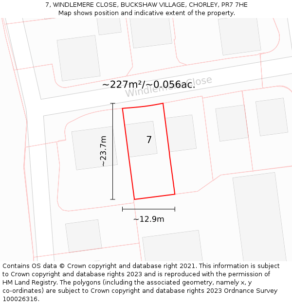 7, WINDLEMERE CLOSE, BUCKSHAW VILLAGE, CHORLEY, PR7 7HE: Plot and title map