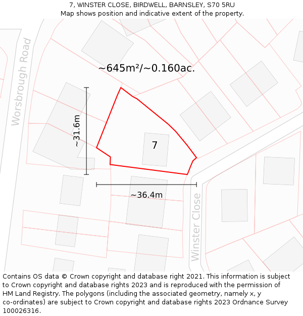 7, WINSTER CLOSE, BIRDWELL, BARNSLEY, S70 5RU: Plot and title map