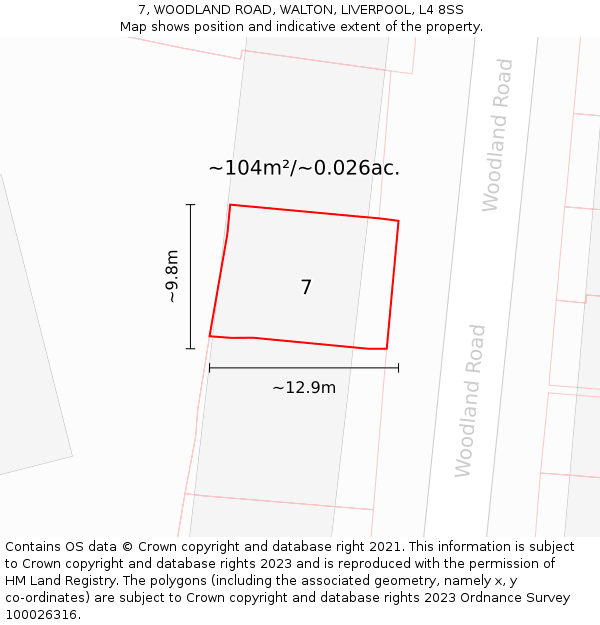 7, WOODLAND ROAD, WALTON, LIVERPOOL, L4 8SS: Plot and title map