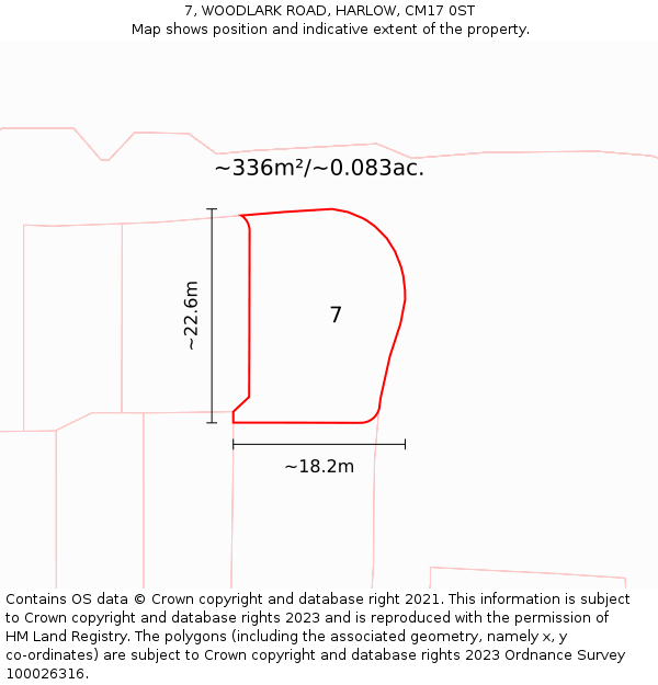 7, WOODLARK ROAD, HARLOW, CM17 0ST: Plot and title map