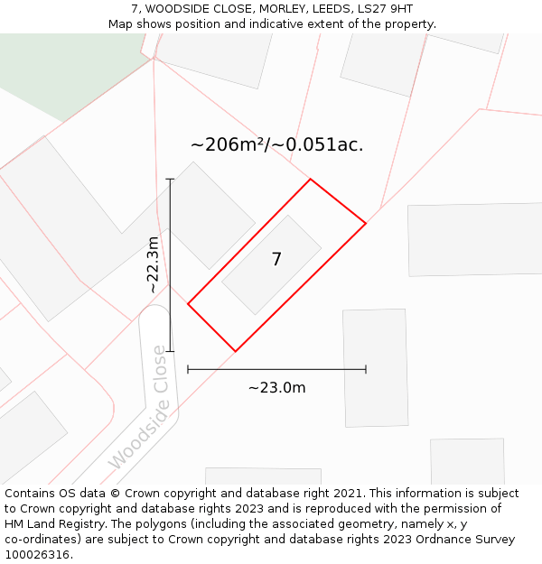 7, WOODSIDE CLOSE, MORLEY, LEEDS, LS27 9HT: Plot and title map