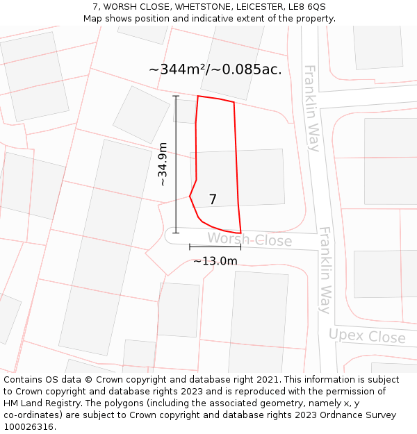 7, WORSH CLOSE, WHETSTONE, LEICESTER, LE8 6QS: Plot and title map