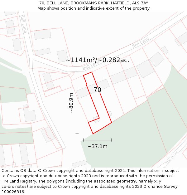 70, BELL LANE, BROOKMANS PARK, HATFIELD, AL9 7AY: Plot and title map