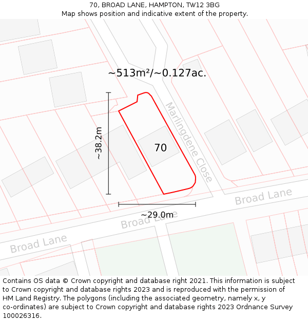 70, BROAD LANE, HAMPTON, TW12 3BG: Plot and title map