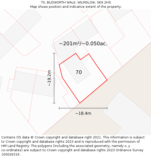 70, BUDWORTH WALK, WILMSLOW, SK9 2HS: Plot and title map