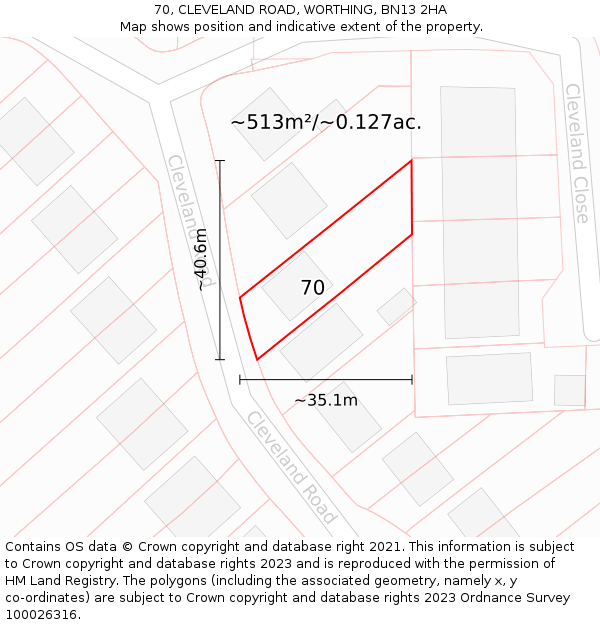 70, CLEVELAND ROAD, WORTHING, BN13 2HA: Plot and title map