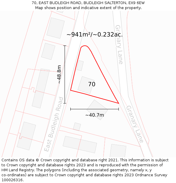 70, EAST BUDLEIGH ROAD, BUDLEIGH SALTERTON, EX9 6EW: Plot and title map