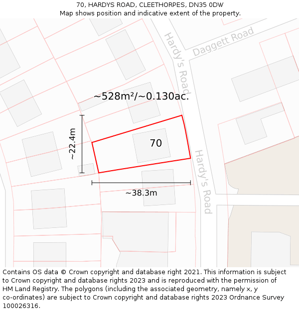 70, HARDYS ROAD, CLEETHORPES, DN35 0DW: Plot and title map