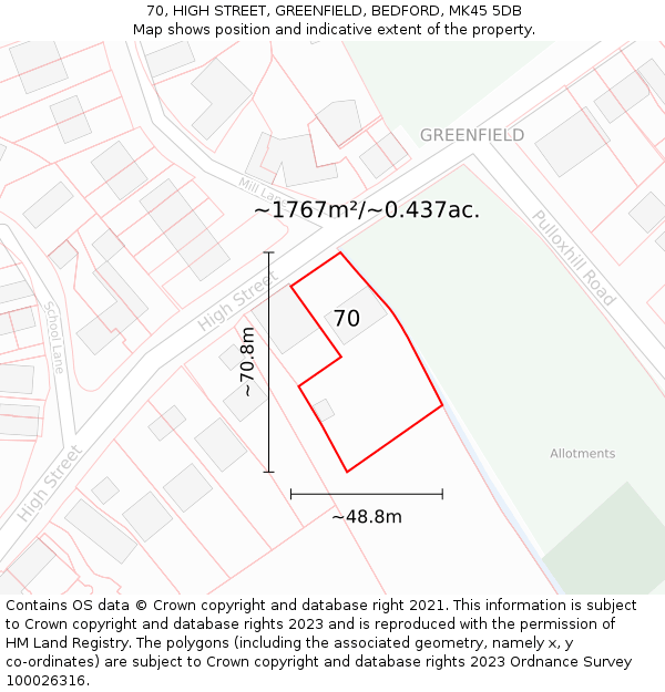 70, HIGH STREET, GREENFIELD, BEDFORD, MK45 5DB: Plot and title map