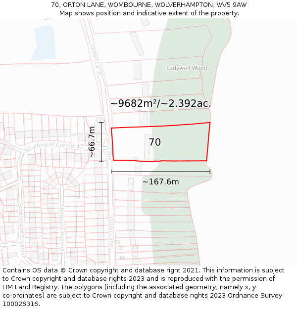 70, ORTON LANE, WOMBOURNE, WOLVERHAMPTON, WV5 9AW: Plot and title map