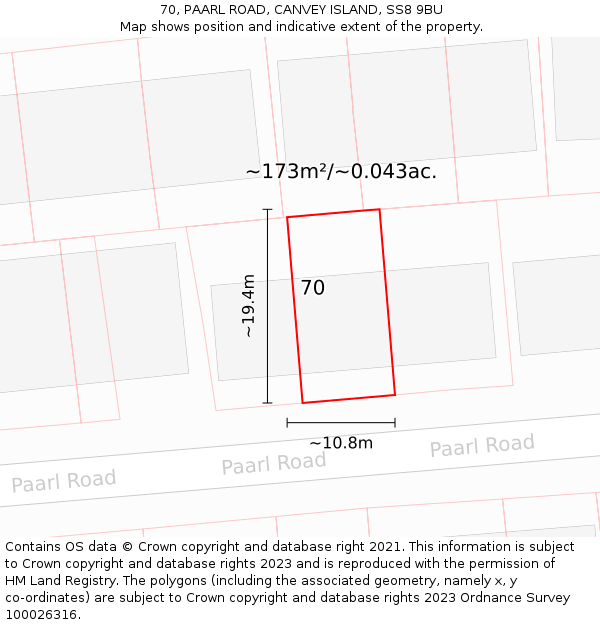 70, PAARL ROAD, CANVEY ISLAND, SS8 9BU: Plot and title map