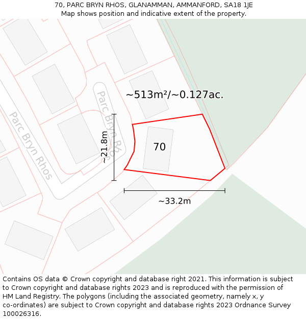 70, PARC BRYN RHOS, GLANAMMAN, AMMANFORD, SA18 1JE: Plot and title map