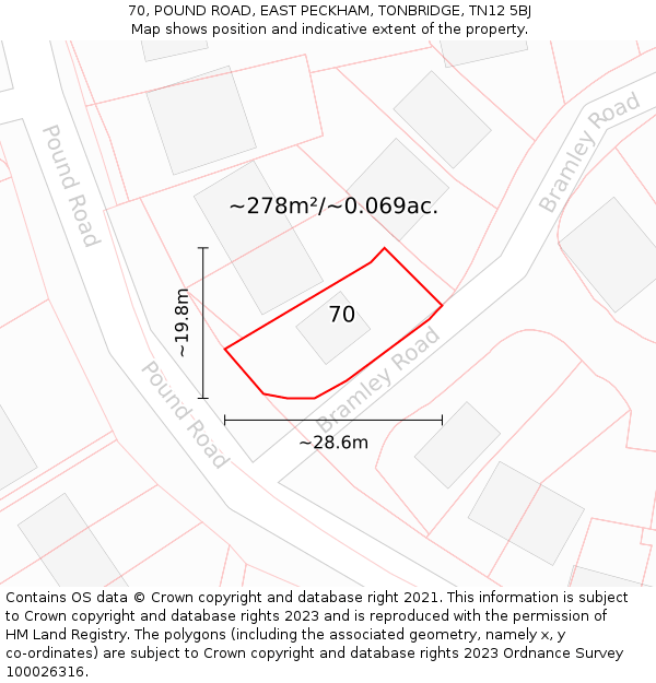 70, POUND ROAD, EAST PECKHAM, TONBRIDGE, TN12 5BJ: Plot and title map