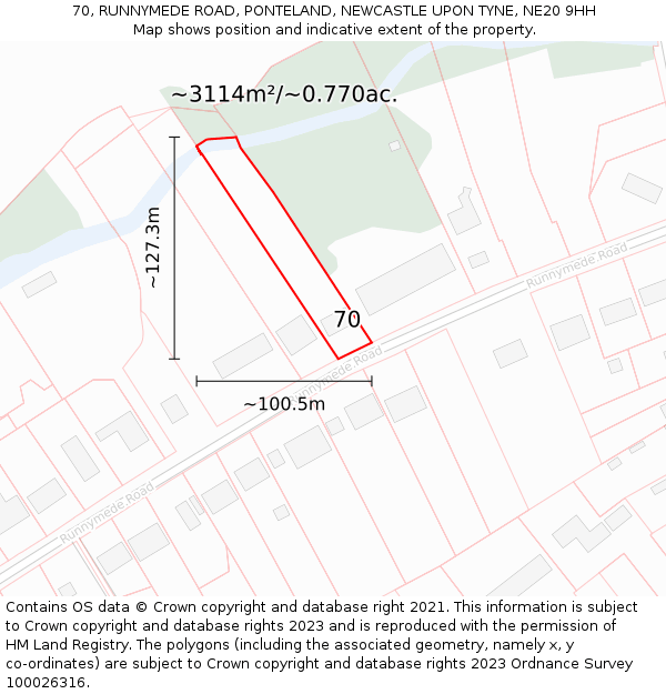 70, RUNNYMEDE ROAD, PONTELAND, NEWCASTLE UPON TYNE, NE20 9HH: Plot and title map