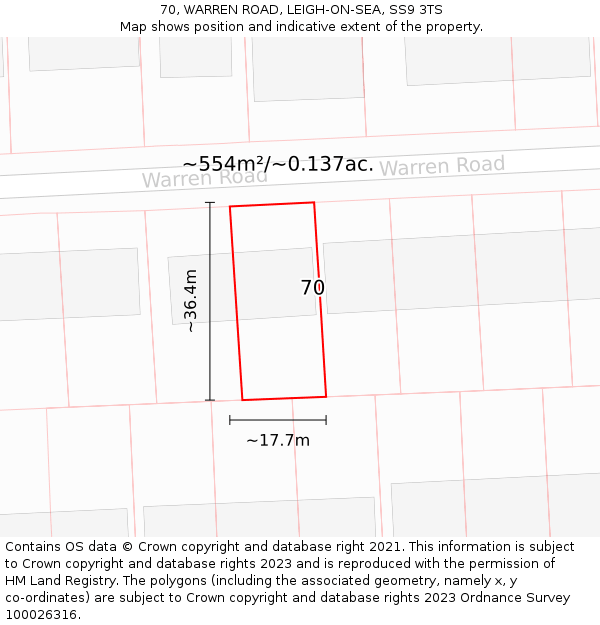 70, WARREN ROAD, LEIGH-ON-SEA, SS9 3TS: Plot and title map