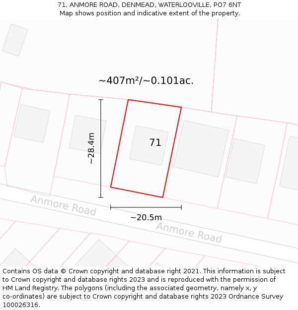 71, ANMORE ROAD, DENMEAD, WATERLOOVILLE, PO7 6NT: Plot and title map