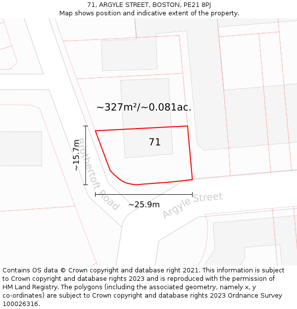 71, ARGYLE STREET, BOSTON, PE21 8PJ: Plot and title map